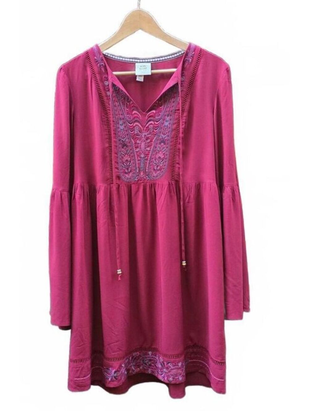 Ruby  Embroidered Boho Mini Dress Bell Steeve Peasant Tunic  XS  Rayon